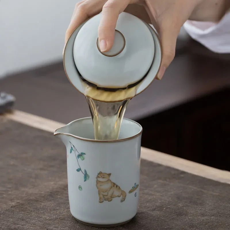 전통 Ru Kiln 세라믹 티 그릇 수제 고양이 패턴  - Coffee Tea Set Up 리뷰 및 가격
