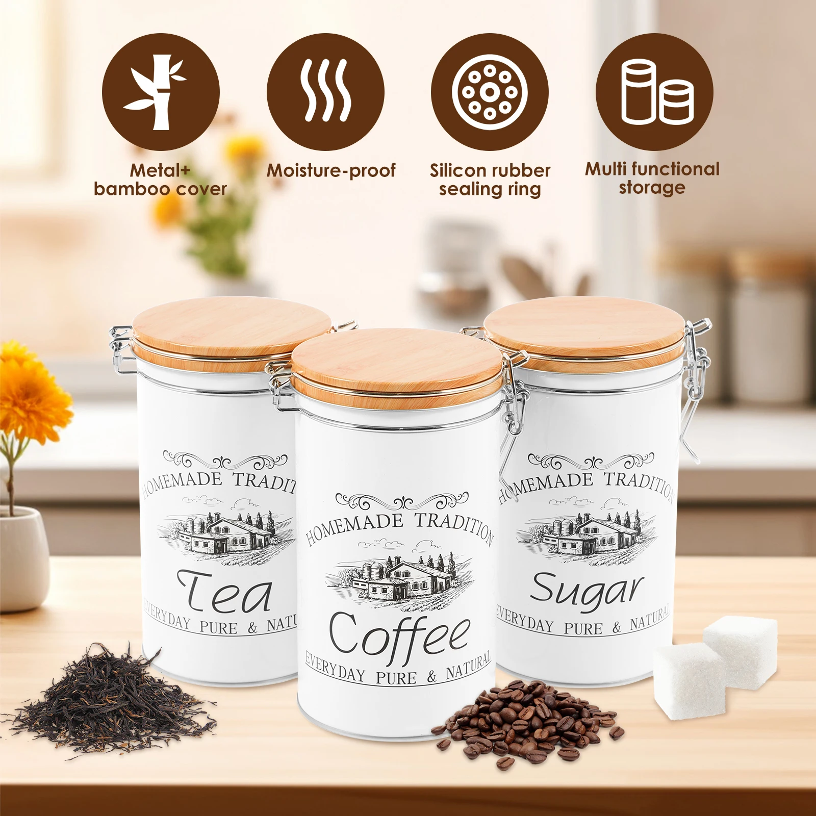 3개 세트 차 커피 설탕 용기 금속 커피 원두 보관 용 - Canister Coffee Sugar Tea 리뷰 및 가격