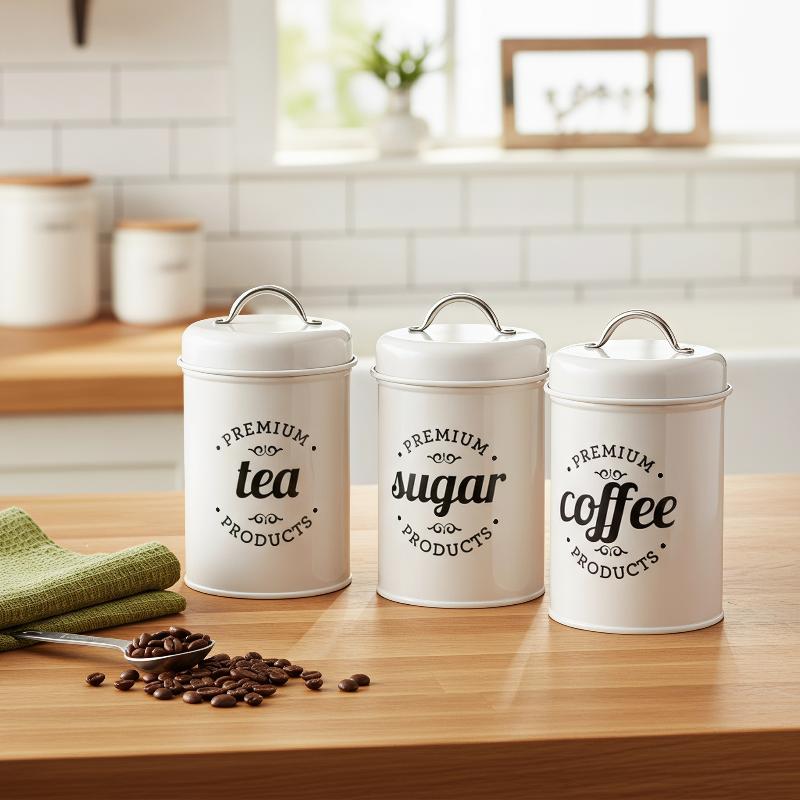3개 세트의 금속 재질 원형 주방용 용기, 밀폐 뚜껑  - Canister Coffee Sugar Tea 리뷰 및 가격
