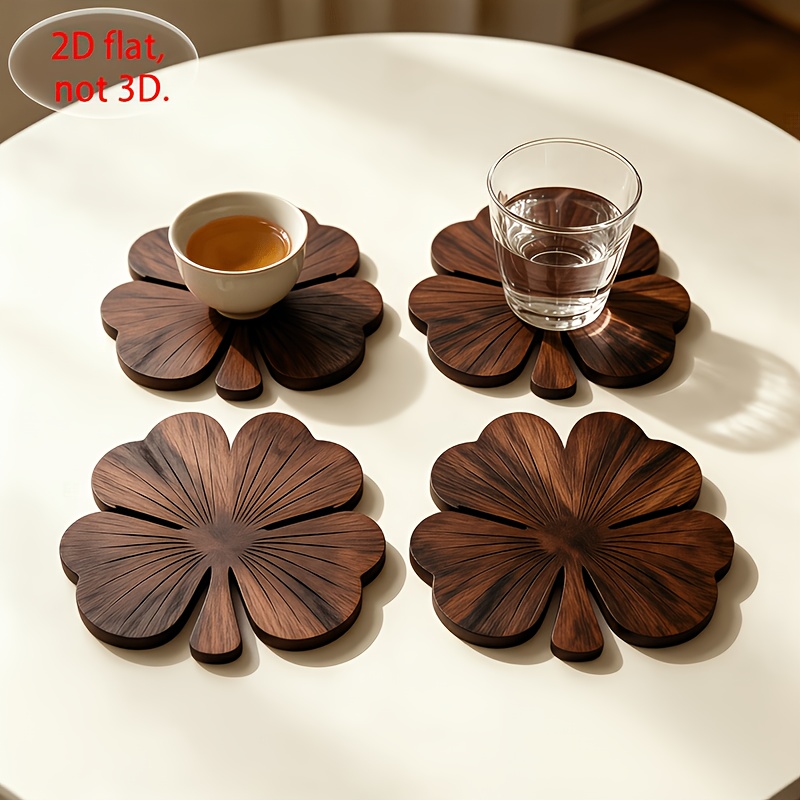 2D 평면 클로버 모양 나무 컵받침 4개 세트, 월넛  - Coffee Tea Pictures 리뷰 및 가격