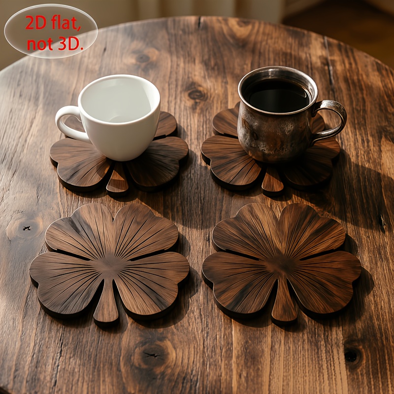2D 평면 클로버 모양 나무 컵받침 4개 세트, 월넛  - Coffee Tea Pictures 리뷰 및 가격