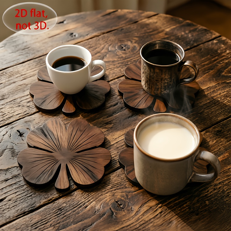 2D 평면 클로버 모양 나무 컵받침 4개 세트, 월넛  - Coffee Tea Pictures 리뷰 및 가격